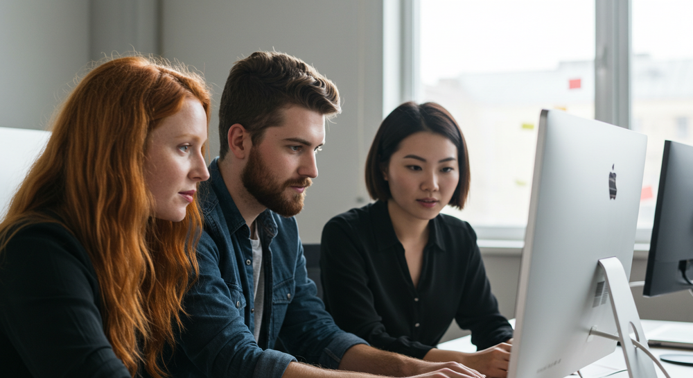Three people working together on a computer in an office setting